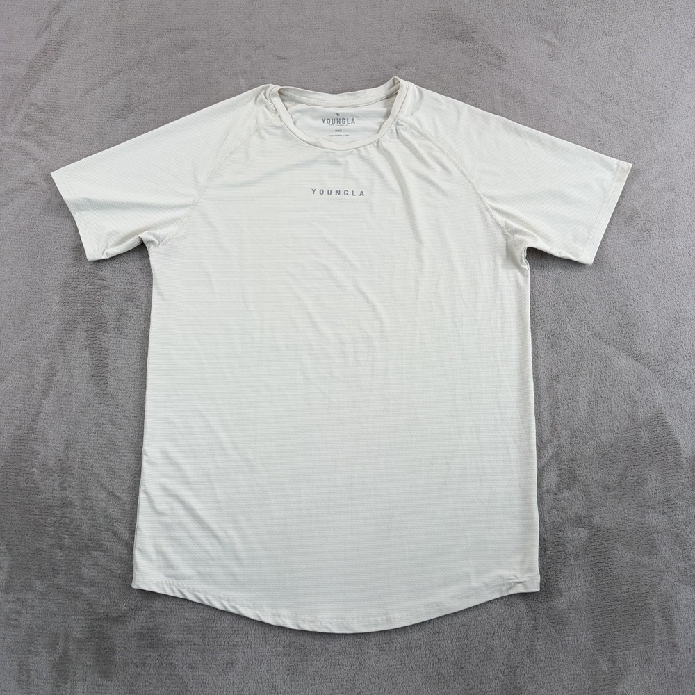 Young LA Performance Logo T Shirt Men Large Off White Gym Hiking Training NWOT
